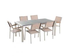 Set di tavolo e 6 sedie da giardino in acciaio, granito e fibra tessile beige - Grigio lucido