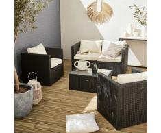 Salotto da giardino, modello: Anzio, in resina intrecciata - Nero/Ecrù - Resina cioccolato, cuscini