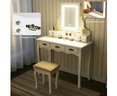 Tavolo da Trucco Viantage a Luci LED 3 mobili Toeletta con Cassetti Sgabello Imbottito bianco