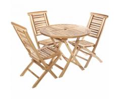PrimeMatik - Set di tavolo rotondo 90 cm e 3 sedie per giardino esterno in legno di teak certificato
