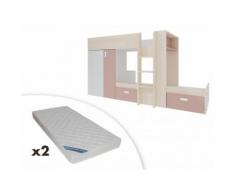 Letto a castello con armadio integrato 2x90x190 cm in Abete bianco e rosa cipria - JULIEN + 2 materassi inclusi