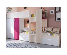 Letto a castello con armadio integrato 2x90x190 cm Bianco e fucsia - JULIEN