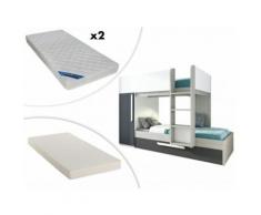 Letto a castello con cassettone letto a scomparsa e armadio integrato - 3x90x190 cm in Abete antracite e bianco + 3 materassi compresi