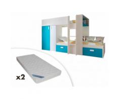 Letto a castello con armadio integrato 2x90x190 cm Bianco e blu - JULIEN + 2 materassi inclusi