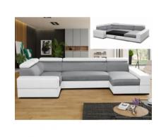 Divano letto angolare panoramico in tessuto e similpelle Grigio e Bianco - Angolo a destra - VALMY