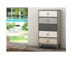 Comò 5 cassetti in MDF Bianco, grigio, quercia - ISILDE