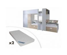 Letto a castello con armadio integrato 2x90x190 cm Bianco e quercia - JULIEN + 2 materassi inclusi