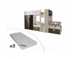 Letto a castello con armadio integrato 2x90x190 cm in Abete bianco e marrone - JULIEN + 2 materassi inclusi