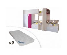 Letto a castello con armadio integrato 2x90x190 cm in Abete bianco e Fucsia - JULIEN + 2 materassi inclusi