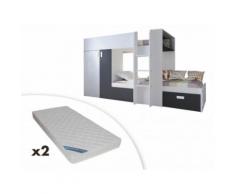 Letto a castello con armadio integrato 2x90x190 cm in Abete bianco e nero - JULIEN + 2 materassi inclusi