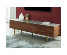Mobile TV con 2 ante, 2 cassetti e piano effetto ceramica grigia in MDF Noce - ALIZE