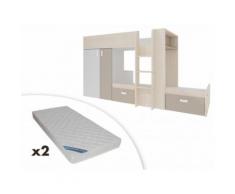 Letto a castello con armadio integrato 2x90x190 cm in Abete bianco e tortora - JULIEN + 2 materassi inclusi
