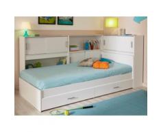 Letto singolo con scomparti portaoggetti e 2 cassetti - modulabile 90x190 cm o 90x200 cm Bianco - BASILE