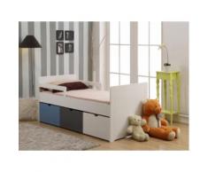 Letto singolo con 3 cassetti 90x190 cm in MDF bianco, grigio, blu - PILOU