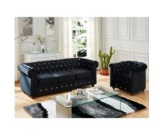 Divano 3 posti e Poltrona CHESTERFIELD in velluto Nero con bottoni effetto cristallo