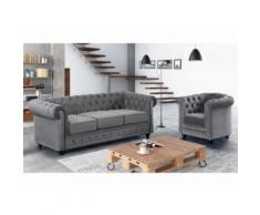 Divano CHESTERFIELD 3 posti e poltrona in velluto Grigio chiaro