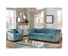 Divano CHESTERFIELD 3 posti e poltrona in velluto Azzurro pastello