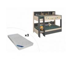 Letto a castello con vani portaoggetti 2x90x200cm quercia e antracite - TYMEO + 2 materassi ZEUS 90x200cm