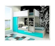 Letto a castello con cassettone letto estraibile e armadio integrato 3 x 90 x 190 cm Abete turchese e bianco - ANTONIO