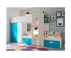 Letto a castello con armadio integrato 2 x 90 x 190 cm in Pino bianco e blu - JULIEN