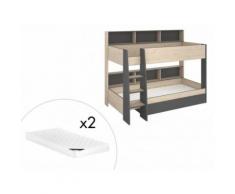 Letto a castello con vani portaoggetti 2 x 90 x 200 cm Quercia e antracite - TYMEO + 2 materassi