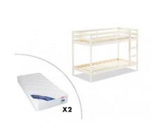 Letto a castello 2 x 90 x 190 cm in Pino massello Bianco - ANICET + 2 materassi inclusi