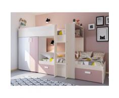 Letto a castello con armadio integrato 2 x 90 x 190 cm Bianco e rosa cipria - JULIEN