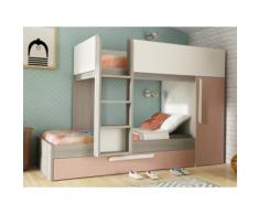 Letto a castello con cassettone letto estraibile e armadio integrato 3 x 90 x 190 cm in Abete rosa cipria e bianco - ANTONIO