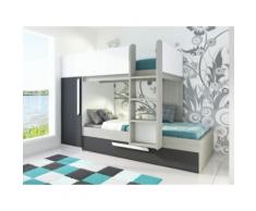 Letto a castello con cassettone letto estraibile e armadio integrato 3 x 90 x 190 cm in Abete antracite e bianco - ANTONIO