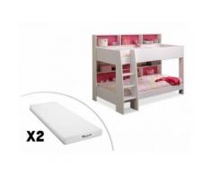 Letto a castello con ripiani e fondo reversibile blu o rosa LENNY + 2 materassi inclusi