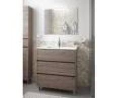 Caesaroo Mobile bagno a terra 80 cm in legno Rovere eternity con lavabo in porcellana 80 cm - Con Doppia colonna, Specchio e Lampada Led
