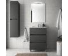 Caesaroo Mobile bagno a terra 60 cm in legno grigio opaco con lavabo in porcellana Con Doppia colonna, Specchio e Lampada Led