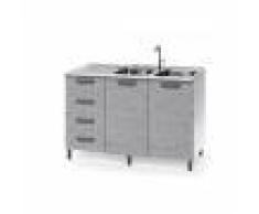 Caesaroo Base sottolavello cucina 120x50xH85 in legno Bianco frassinato e Cemento con cassettiera e lavello a doppia vasca Cemento/Bianco