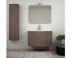 BH Mobile bagno rovere scuro sospeso 90 cm con colonna specchiera lampada LED e 2 cassettoni soft close