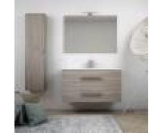 BH Composizione da bagno sospesa moderna 100 cm finitura larice con colonna specchio applique LED cassettoni soft close