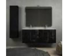 BH Composizione da bagno sospesa curva nero lucido 140 cm con doppio lavabo colonna specchiera lampada LED e cassettoni soft close