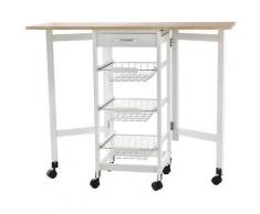 Carrello Da Cucina 37x37x77,5 Cm 3 Cestini 1 Cassetto E Ribalte Bianco E Legno