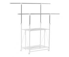 Appendiabiti Estensibile Con 2 Ripiani Ruote E Altezza Regolabile In Acciaio 88-157x50x95-160 Cm Bianco