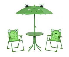 Set Tavolino E 2 Sedie Pieghevoli Da Giardino Per Bambini Con Ombrello Verde Rana