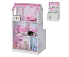 Casa Delle Bambole Cucina Giocattolo 2 In 1 60x48x106 Cm In Pino E Mdf Rosa