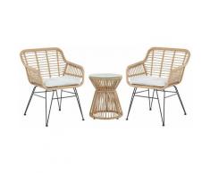 Set da balcone 2 sedie e tavolino in rattan color naturale e cuscini grigio chiaro TRESTINA