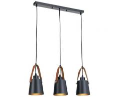Lampada a sospensione in metallo nero e cinturino in pelle 3 lampade E27 RICHMOND