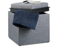 Pouf Contenitore con Vassoio, HxLxP 42 x 40,5 x 40,5 cm ca., Sgabello Poggiapiedi Imbottito, Grigio