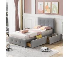Letto Singolo 90 x 200 cm Letto Imbottito con Rete a Doghe, Schienale e 2 Cassetti per Bambini,