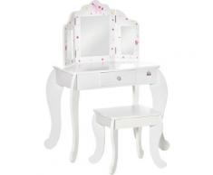 Toeletta per Bambini con Sgabello in Legno, Tavolo Trucco con Triplo Specchio e Cassetto,