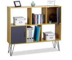 Scaffale a Cubo, Vintage, 6 Scomparti, Aspetto Legno, 2 Ante, Gambe in Metallo, HLP 103 x 120 x 30