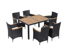 Set Tavolo e Sedie da Giardino 7 Pezzi in PE Rattan e Legno con Cuscini Morbidi, Nero - Outsunny