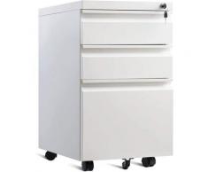 Cassettiera con 3 Cassetti, Mobiletto con 5 Ruote e 2 Chiavi, 65 x 50 x 38 cm, Nero/Bianco (Bianco