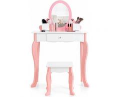 COSTWAY Set Toletta per Bambini, Set Tavolo da Trucco Giocattolo con Sgabello, Specchio e Cassetti,