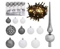 Set Natale con 61 Palline Punta e 150 Luci LED Bianco e Grigio